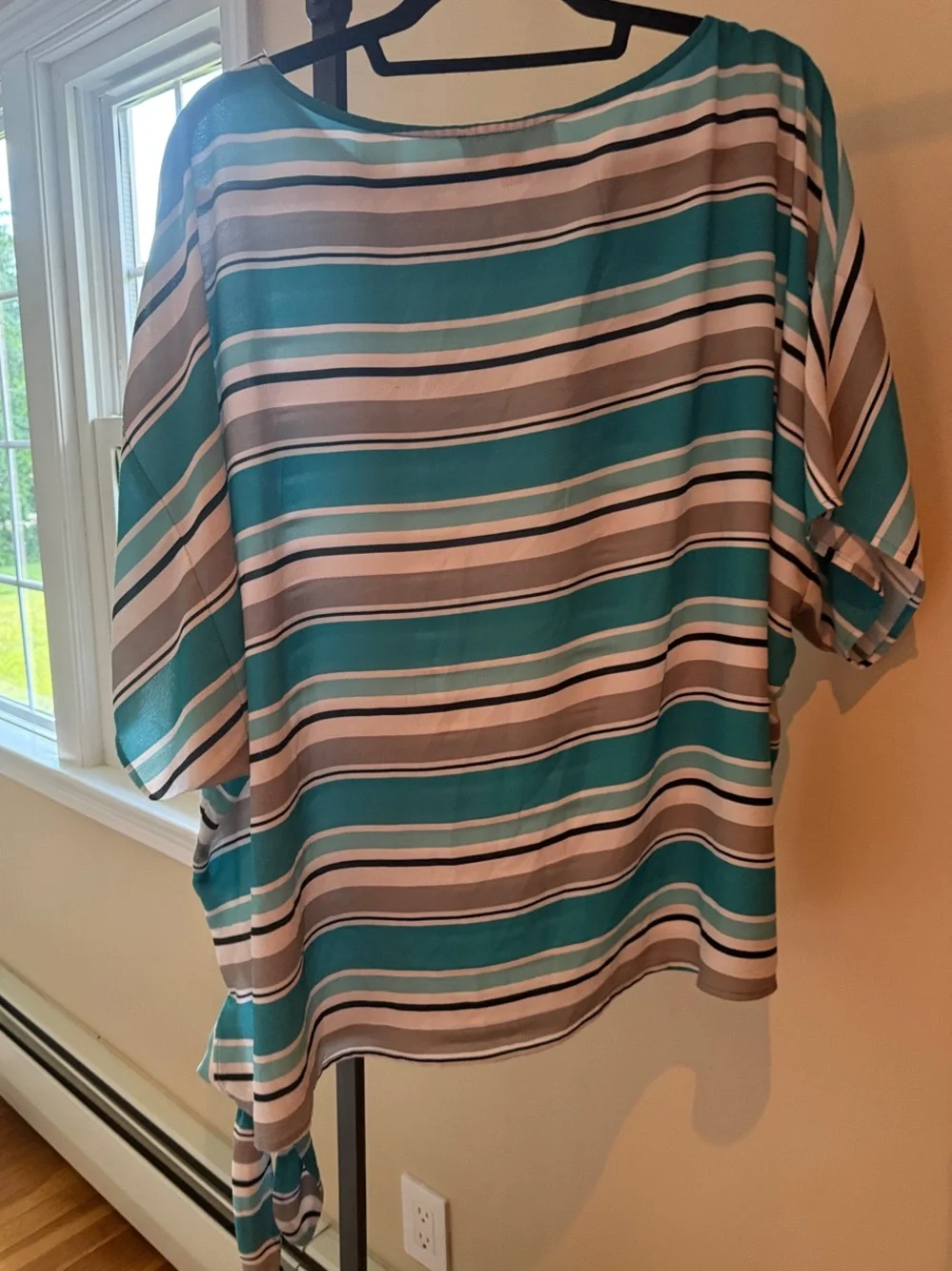 Michael Kors Teal, White & Gray Striped Side-Tie Blouse